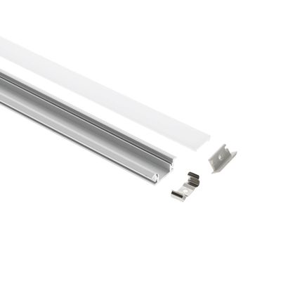 Aluminium LED trunking kit with translucent cover and mounting clips, decoupled with white background for lighting solutions.