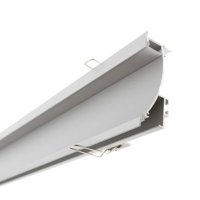Close-up of a metal L-shaped rail with mounting clips, ideal for LED lighting, against a plain white background.