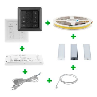 Smart lighting kit with wireless switches, LED strip, power supply, connectors and cables on a white background. Enhance your home with LED technology.