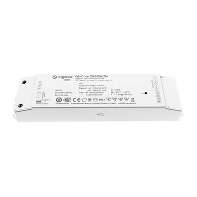 Alternative text: "Zigbee LED controller Light-Driver-ZG-100W-24V, rectangular design with surface mounted information and model number for LED lighting systems.