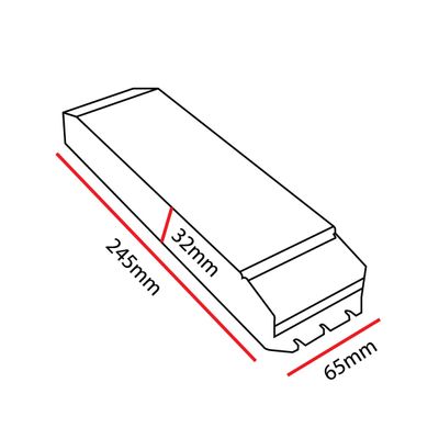 Line drawing of a rectangular LED luminaire measuring 245 mm x 65 mm x 32 mm with a staggered detail at one end to enhance the design.