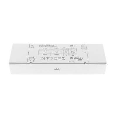 Alternative text: 'Rectangular white dimmable Zigbee controller with detailed information and symbols for LED lighting systems on the front surface.