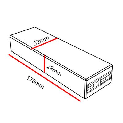 Isometric image of a 2-port Ethernet switch with dimensions marked: 170 mm L, 52 mm L, 28 mm H; LED lighting shop SEO focus.