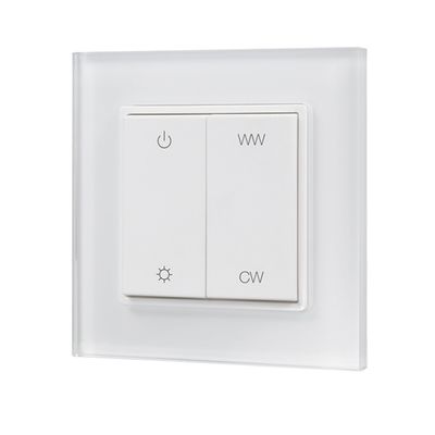 White LED light switch panel with buttons: power, warm white, cool white and brightness control symbol for customizable lighting.