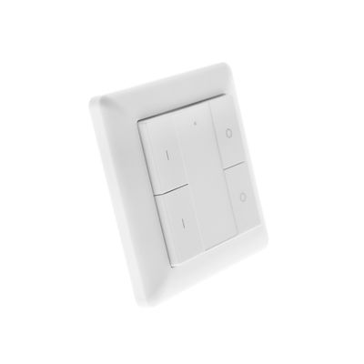 Close-up of a white rectangular LED light switch with four buttons set against a seamless white background.