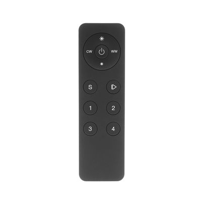 Black remote control for LED lighting: circular directional pad, medium power button and six numbered and function buttons below.