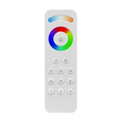 "White remote control with rainbow colour wheel, power and brightness buttons, six preset S1-S6 buttons and three numbered buttons.
