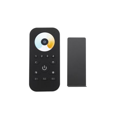 Black remote control with colourful round button and numbers, next to a matching case on a white background; LED lighting optional.