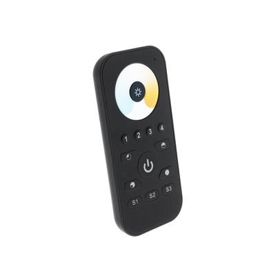 "Black remote control with buttons numbered 1-4, S1-S3 and a power symbol under the circular touchpad for LED light settings.