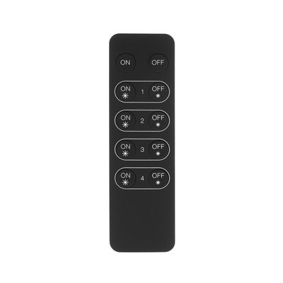 "A black remote control with four on/off buttons, numbered 1-4, appears on a white background in LED lighting systems.