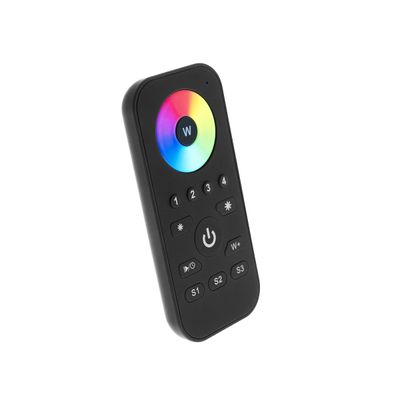 "Black LED lighting remote control with round colour wheel, power button and brightness controls for easy light adjustment.