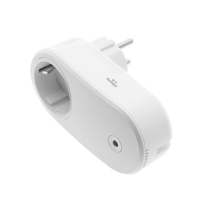 Intelligent plug with European two-pole design, power button and LED indicator light compatible with LED lighting for efficient energy management.