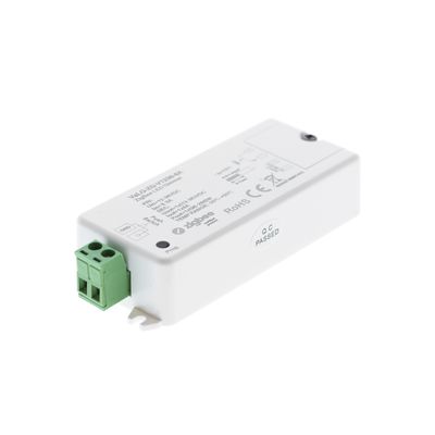 Rectangular white LED lighting controller with green connector that displays various labels and symbols for efficient connectivity and control.