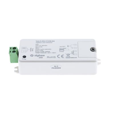 White LED dimmer "YAlo-2G-V1236-8A" with Zigbee; displays wiring connectors and specifications for optimized lighting control.