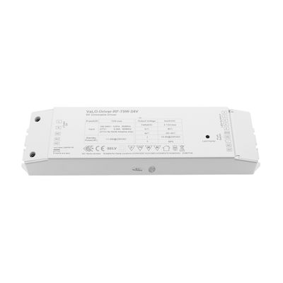 Alternative text: 'White rectangular dimmable RF LED controller with printed specifications and symbols on the surface for efficient lighting control.
