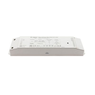 Rectangular white LED controller displaying input/output data and certification marks, ideal for energy efficient LED lighting solutions.