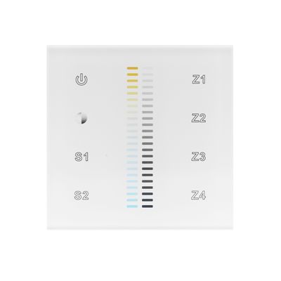 The white digital touch panel features a power button, S1 and S2 sensors and Z1-Z4 zone detectors with gradient colour bars for LED lighting control.