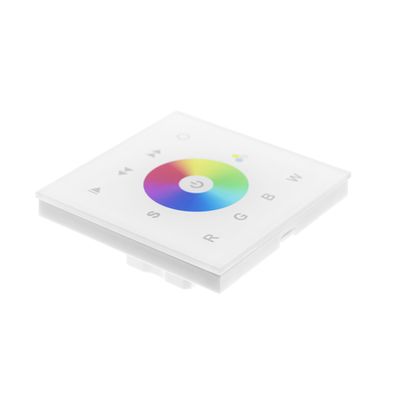 Alttext: square touch panel with colour wheel, RGBW controls, power on/off icons on white background to control LED lighting.