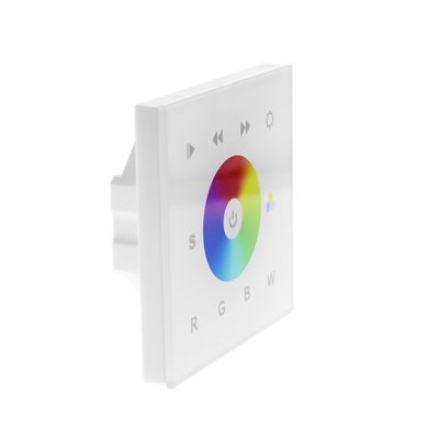 White rectangular touch panel for RGB LED lighting with a circular colour wheel and buttons for power, settings and navigation.