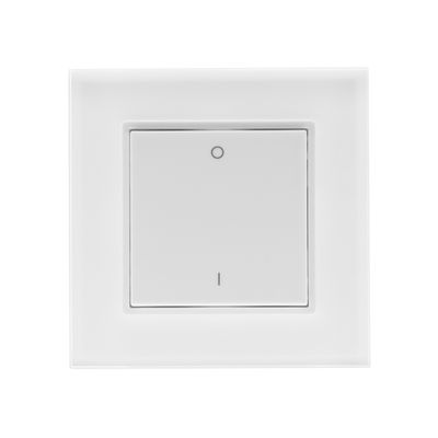Minimalist white light switch for white wall with LED lighting design, featuring a small top circle and bottom line for elegant functionality.