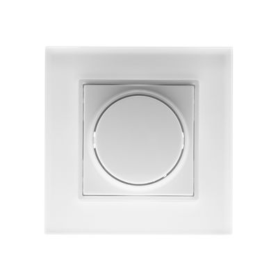 Close-up of a white dimmer switch, perfect for adjusting the brightness of LED light, with an elegant white background.