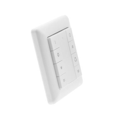 Smart switch, white square design with sun, raindrop, S1 and S2 buttons; ideal for controlling LED lighting; minimalist white background.