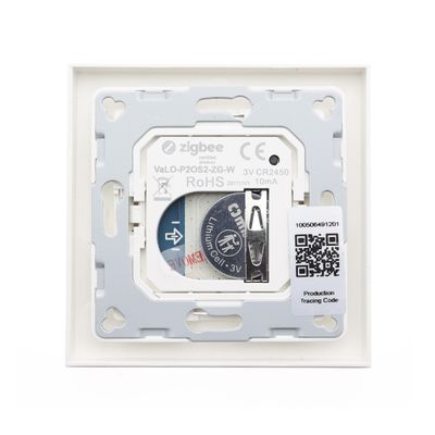 Zigbee-certified smart wall switch disassembled, revealing internal components such as battery and circuit board on a white background. LED lighting shop SEO.