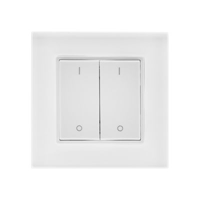 Double light switch with two white rectangular buttons on a white background, suitable for LED lighting installations.