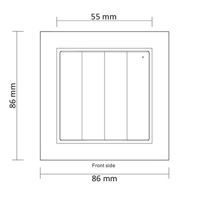 Diagram showing front view of square light switch, dimensions 86 mm x 86 mm and labelled buttons, 55 mm wide. Ideal for LED lighting installations.