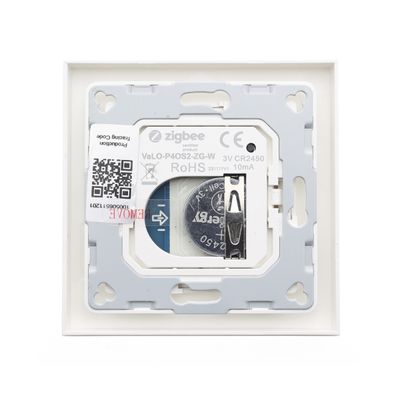 Top view of a smart home device with Zigbee logo, battery compartment and QR code in a square white case.