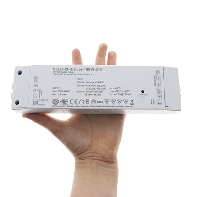 Alternative text: "Hand-held VaLO-RF-Driver-100W-24V LED driver with control buttons and detailed specifications for efficient LED lighting.