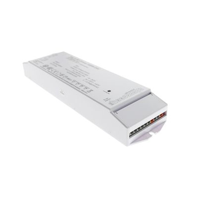 Rectangular white LED controller with printed information on the surface showing the electrical connections on the end, ideal for energy efficient lighting installations.