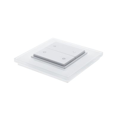 White square light switch with moon and sun icons on two buttons, mounted on a clear plastic plate. Ideal for controlling LED lighting.