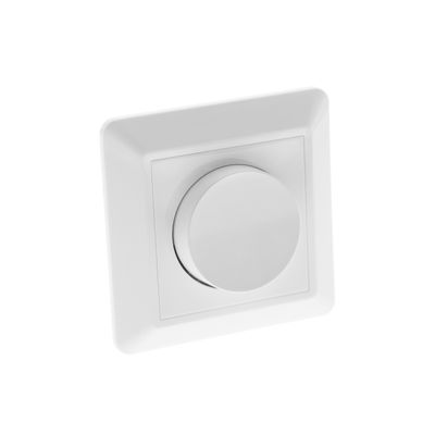 Dimmer switch for LED lighting; white, square round dial, wall mounted with white background. Ideal for modern home lighting control.