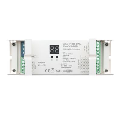 DALI DT8 controller with digital display and port in white housing with specifications for LED lighting systems.