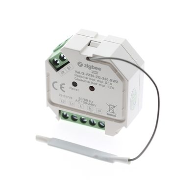 "Zigbee switch module VaLV-230-ZG-250-SW2, white with reset button and wire connectors, white background.