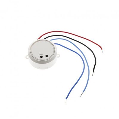 "Small round white LED sensor with red, black and blue wires on a plain white background for lighting SEO.