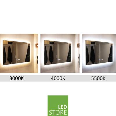 Three mirrors with LED lights: 3000K warm, 4000K neutral and 5500K cold. Below is the logo of the LED lighting shop.