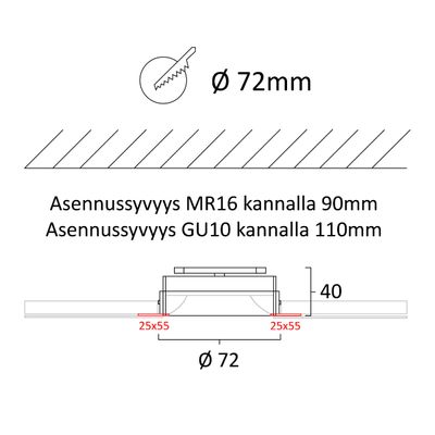 Diagram showing recessed luminaire with mounting options MR16 (90mm) and GU10 (110mm), both 72mm diameter, for LED lighting installation.