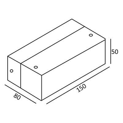 3D drawing of a rectangular box, dimensions 80x150x50, with small round holes on the top and on the side for efficient LED lighting design.