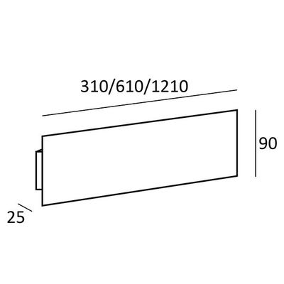 Diagram showing the dimensions of a rectangular LED light box: length 310, 610, 1210 mm; height 90 mm; depth 25 mm - ideal for efficient lighting solutions.