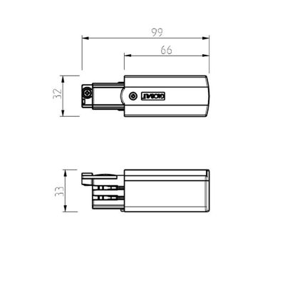 Technical drawing of the electrical component of an LED light, dimensions 99x32x33mm. Marked details with side view for clarity.