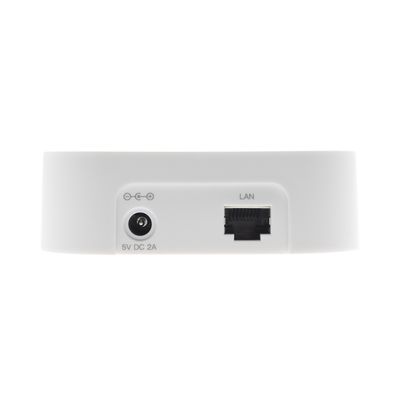 Close-up of a white device showing the power supply and LAN port of LED lighting on an off-white background for smart lighting solutions.