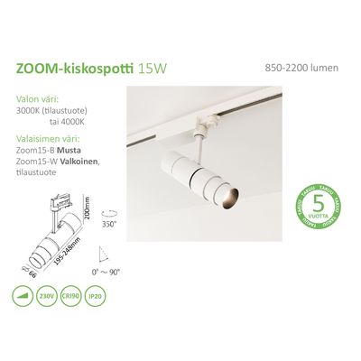 Track lighting in English: a white cylinder light on a rail, showing power, colour temperature and lumen specifications.