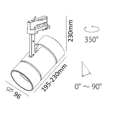Technical diagram of a ceiling mounted cylindrical LED luminaire with rotation and tilt angles; dimensions: 230 mm high, 195-230 mm wide, 96 mm diameter.