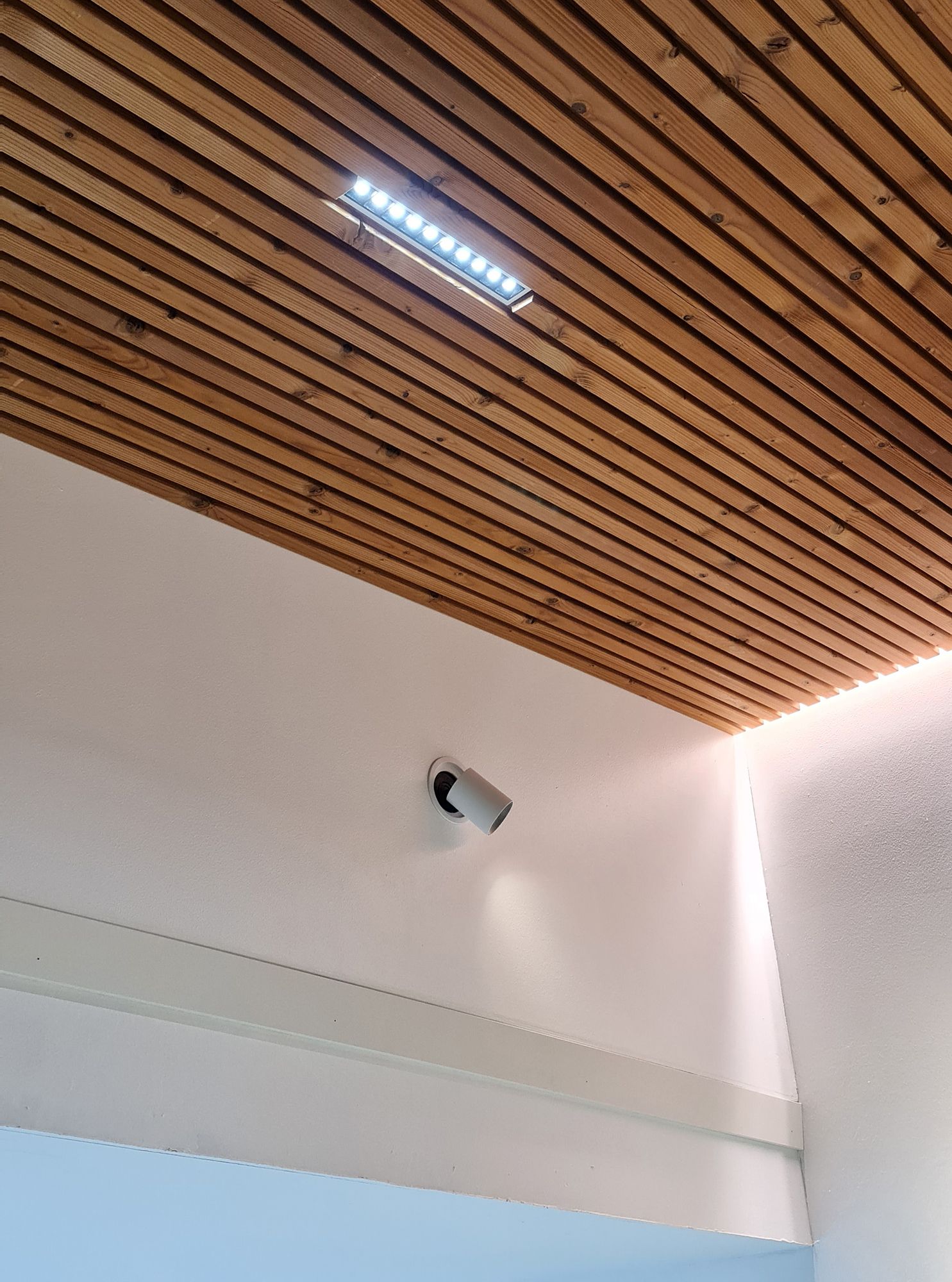 Indirect light at the edges of the cornice and LINJA 10 spotlight creating general lighting. The LINJA 10 luminaires have a very narrow angle of light making them ideal for high spaces. KOLO directional spotlight recessed in the wall for accent lighting of a painting. Ledstore.fi