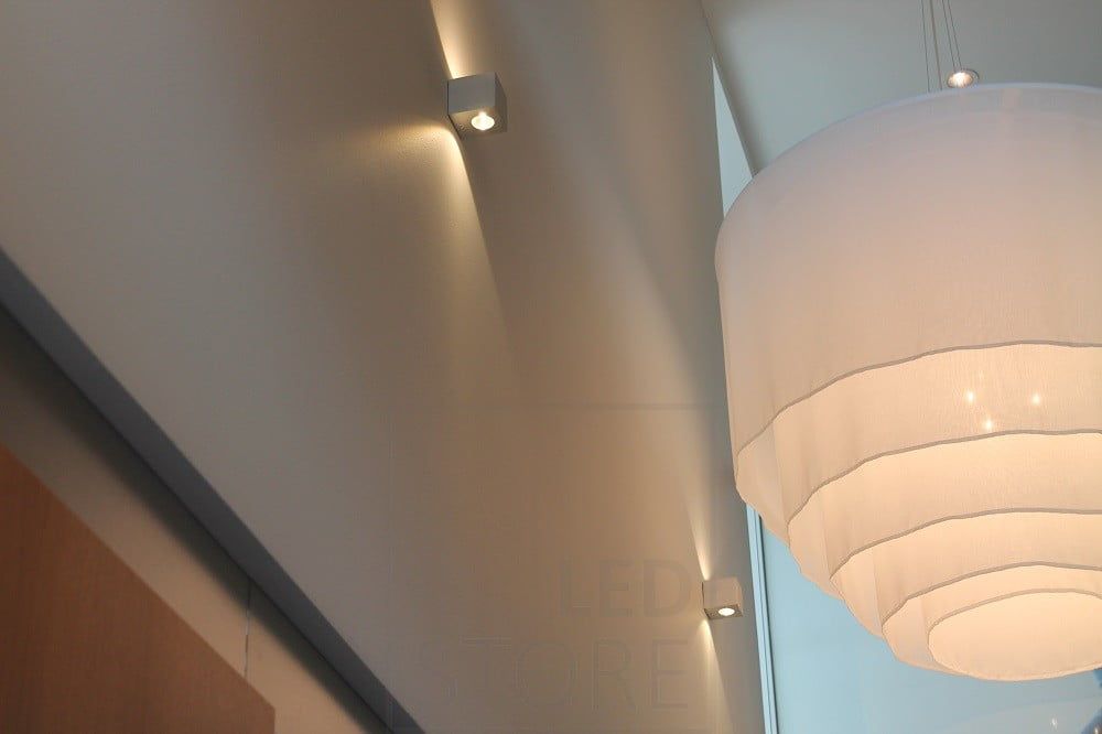 Housing Fair 2021: CUBIC2 brushed aluminium wall lights in high space. Ledstore.fi