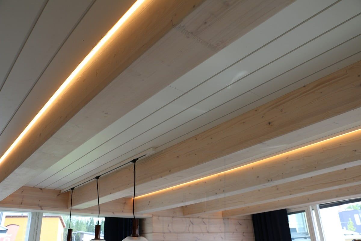 Housing Fair 2015: led ribbon on the side of a beam in a corner profile. Ledstore.fi