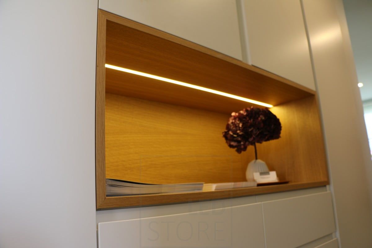 Housing Fair 2015: led ribbon embedded in a shelf recess in the hallway. Ledstore.fi