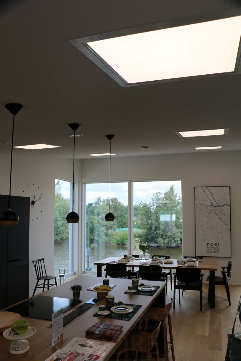 Housing Fair 2018: 600x600 led panels on a sloping ceiling in the living room. Ledstore.fi